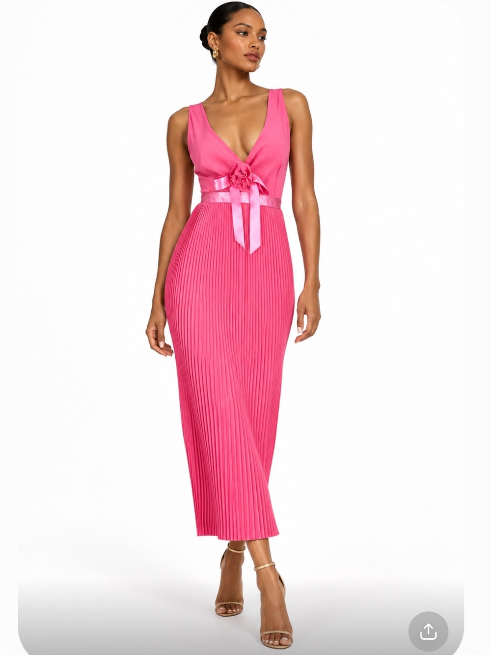JULIE BROWN NYC Pink Pleated Chiffon Maxi Dress V-Neck Bow Size 2
